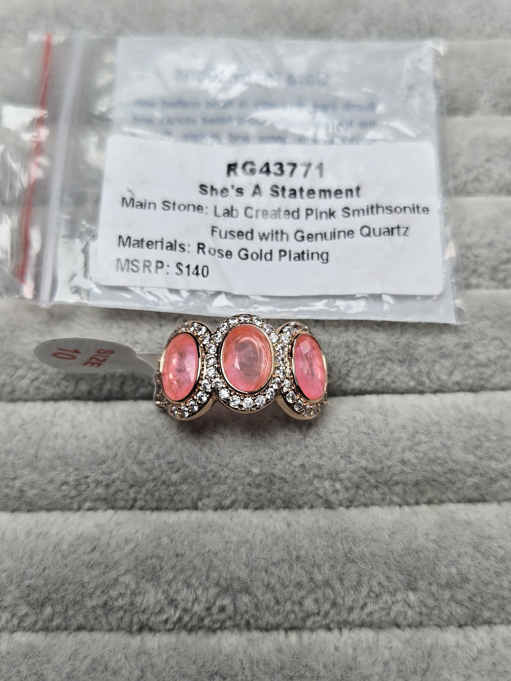 Size 10 Pink Smithsonite Fused Genuine Quartz Rose Gold Plated Bomb Party Ring